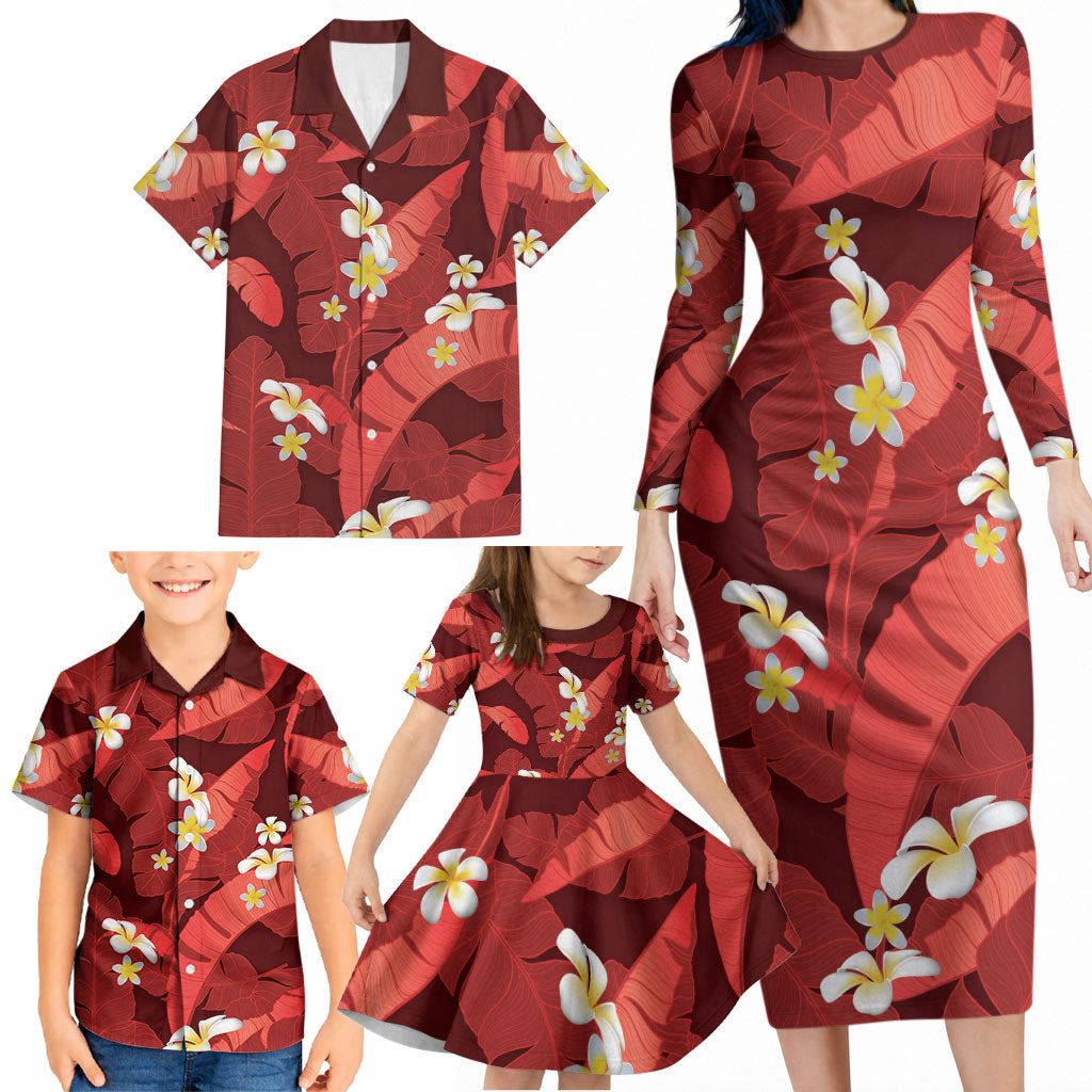 Red Banana Leaf Hawaii Family Matching Long Sleeve Bodycon Dress and Hawaiian Shirt Lau Maia Plumeria Tropical Summer Vibes
