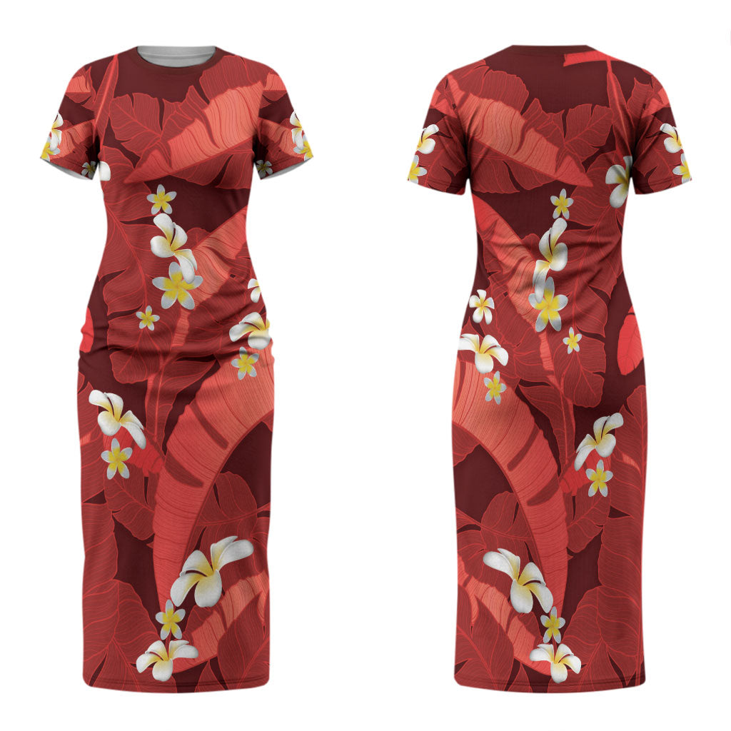 Red Banana Leaf Hawaii Family Matching Short Sleeve Bodycon Dress and Hawaiian Shirt Lau Maia Plumeria Tropical Summer Vibes