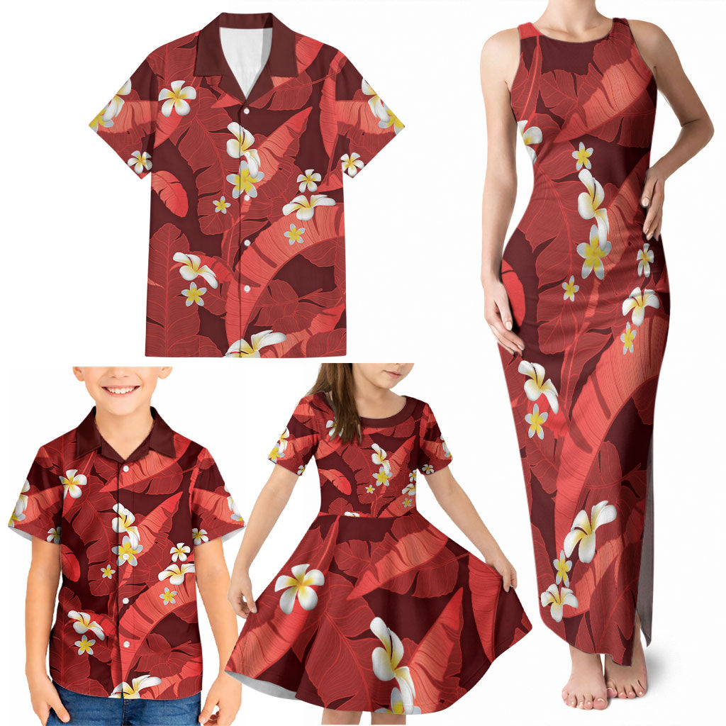 Red Banana Leaf Hawaii Family Matching Tank Maxi Dress and Hawaiian Shirt Lau Maia Plumeria Tropical Summer Vibes