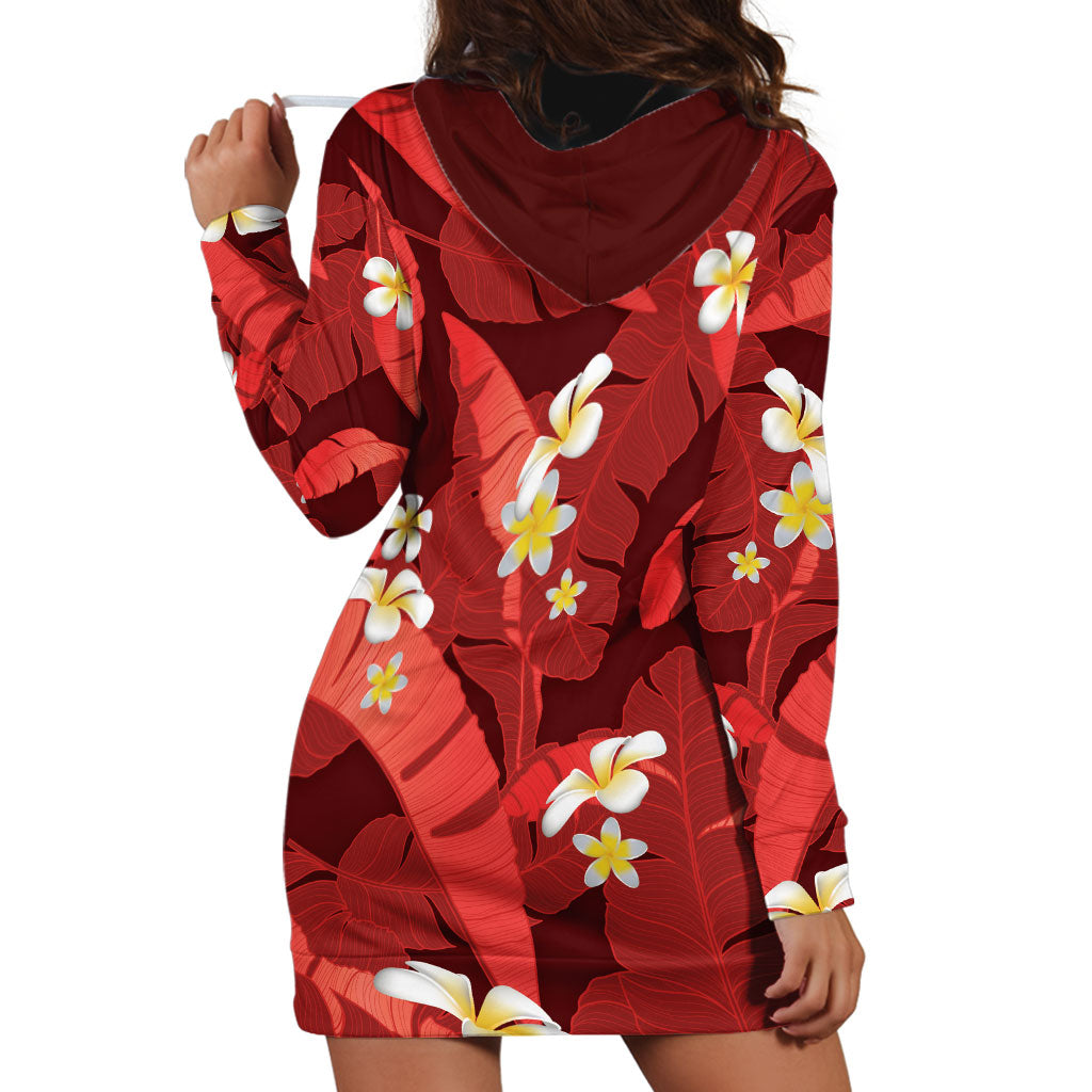 Red Banana Leaf Hawaii Hoodie Dress Lau Maia Plumeria Tropical Summer Vibes