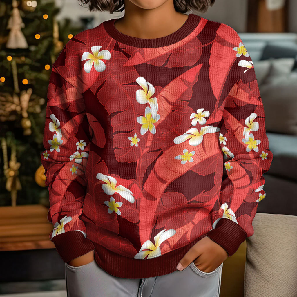 Red Banana Leaf Hawaii Kid Ugly Christmas Sweater Lau Maia Plumeria Tropical Summer Vibes LT14 - Polynesian Pride