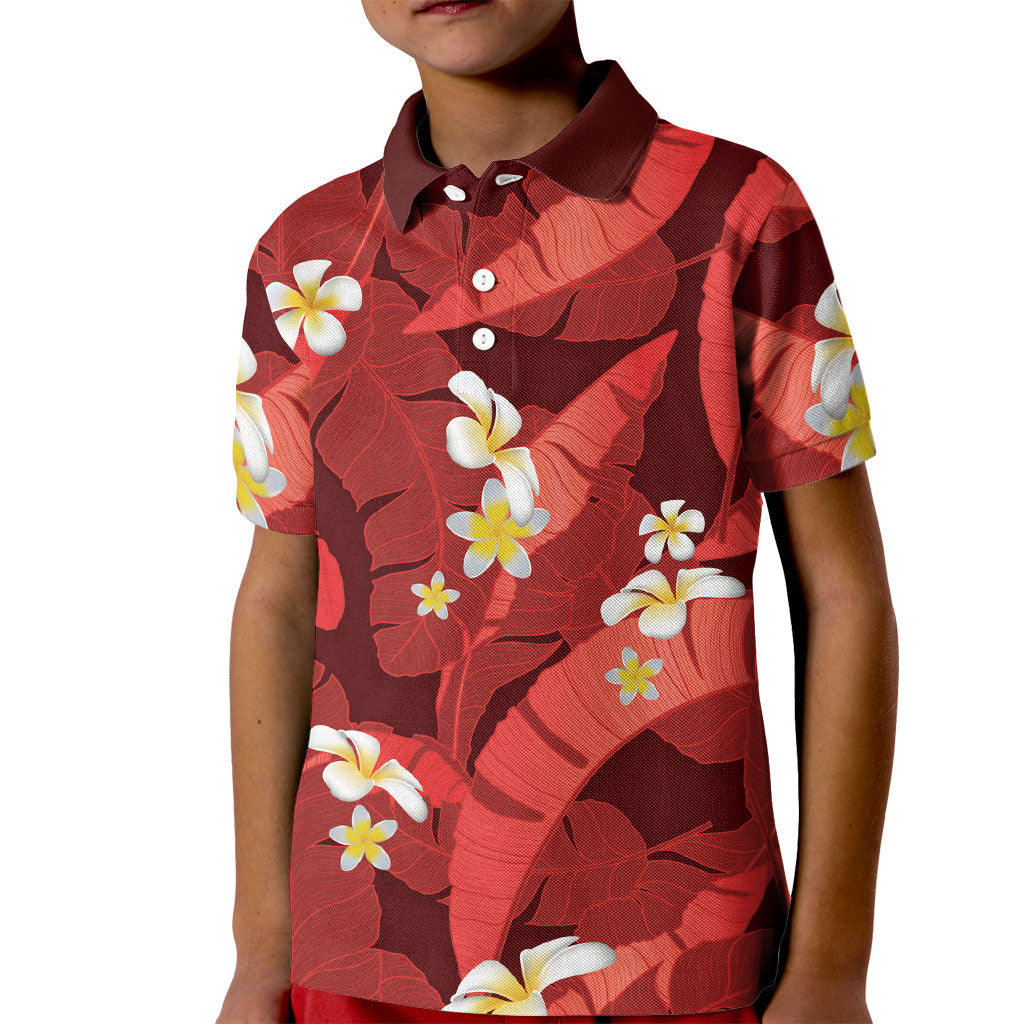 Red Banana Leaf Hawaii Kid Polo Shirt Lau Maia Plumeria Tropical Summer Vibes