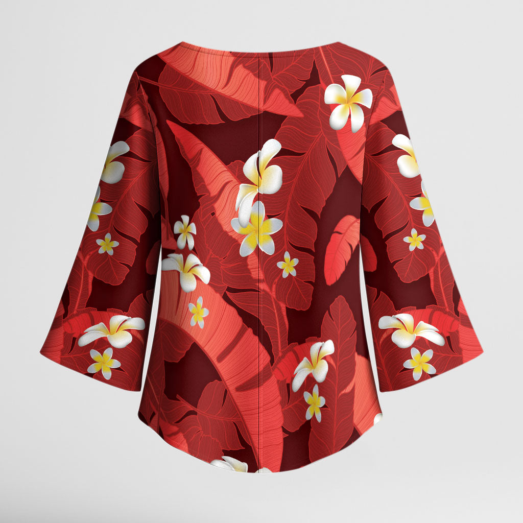 Red Banana Leaf Hawaii Kimono Sleeve Blouse Lau Maia Plumeria Tropical Summer Vibes