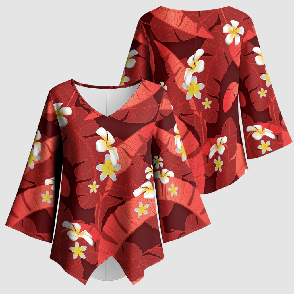 Red Banana Leaf Hawaii Kimono Sleeve Blouse Lau Maia Plumeria Tropical Summer Vibes