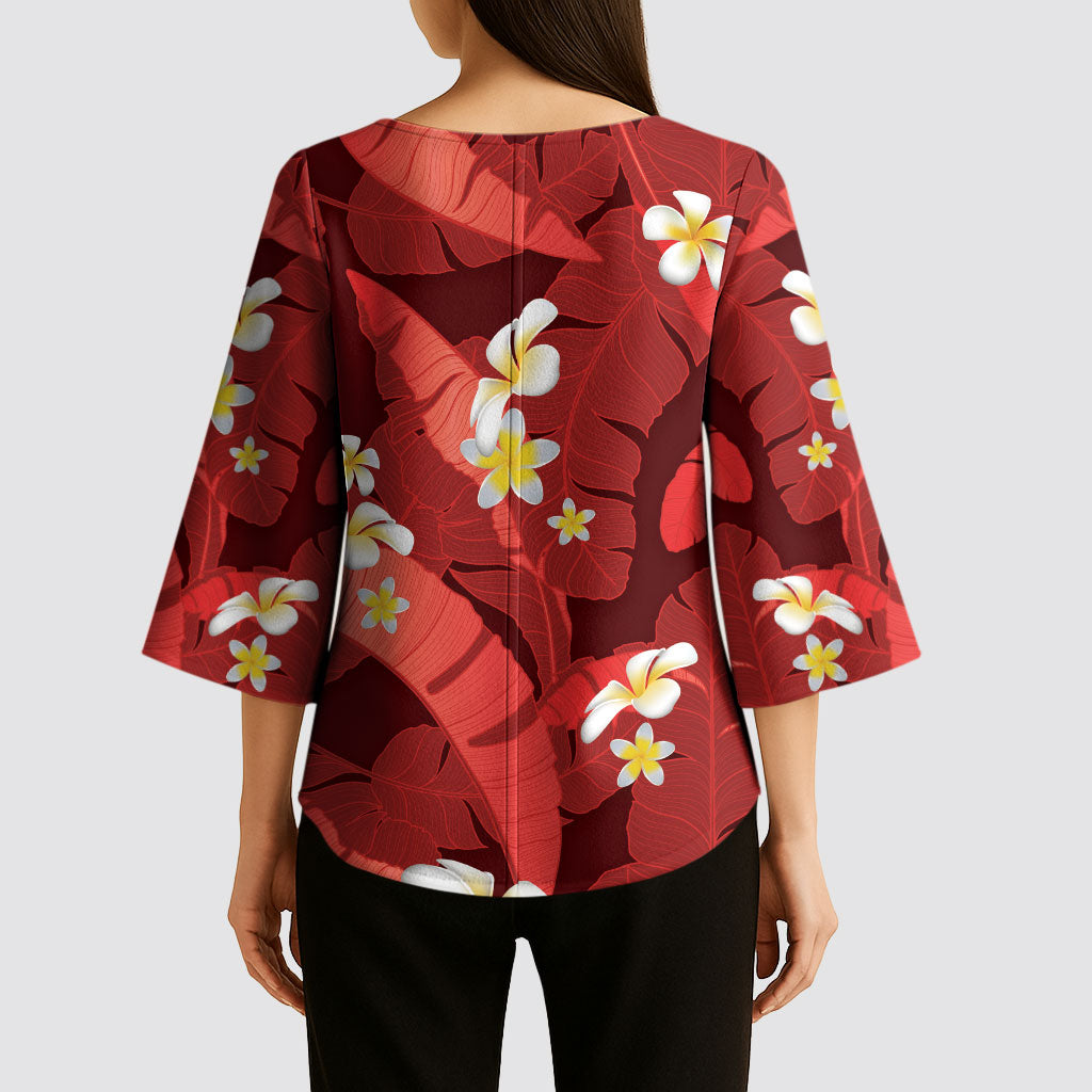 Red Banana Leaf Hawaii Kimono Sleeve Blouse Lau Maia Plumeria Tropical Summer Vibes
