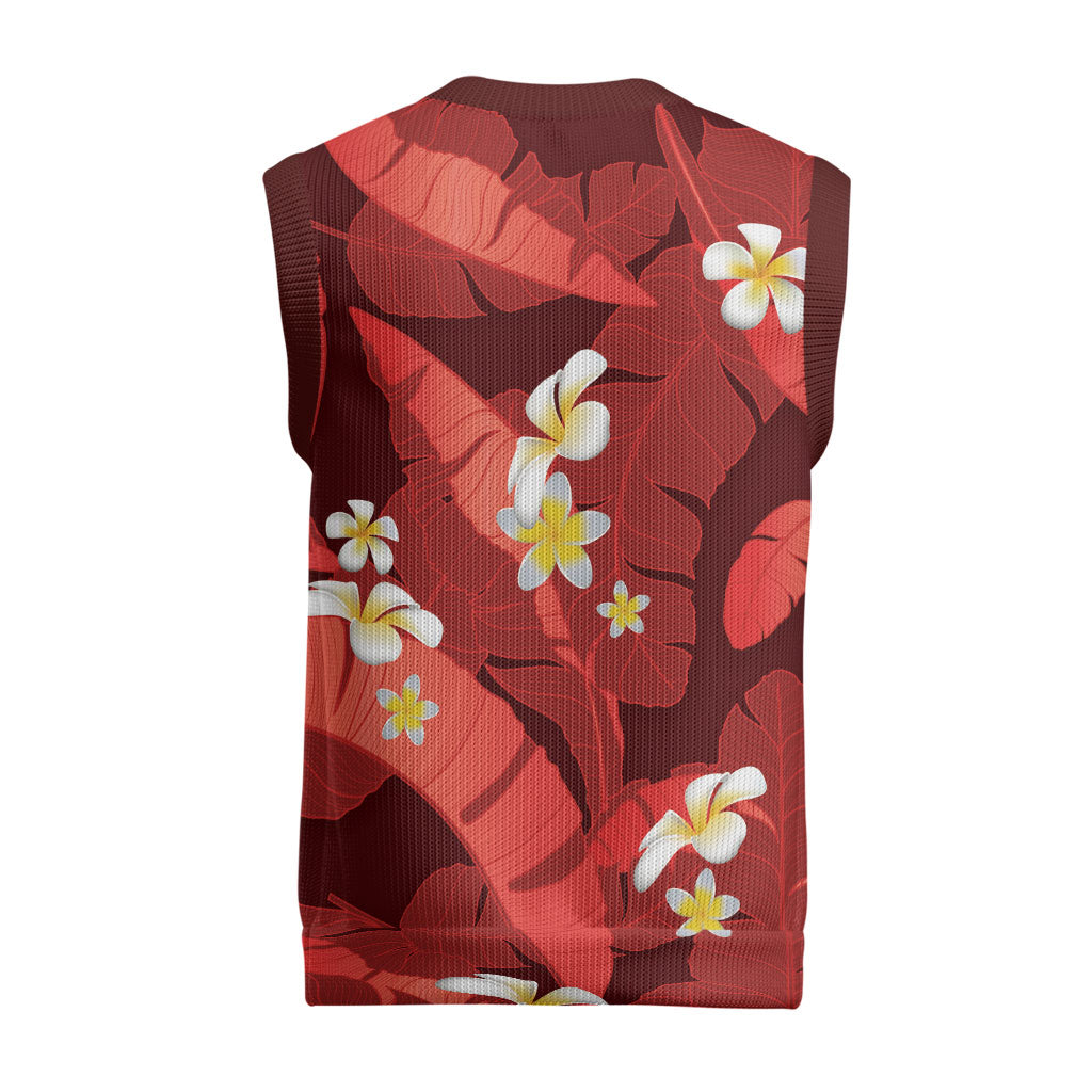 Red Banana Leaf Hawaii Christmas Knitted V-Neck Vest Lau Maia Plumeria Tropical Summer Vibes LT14 - Polynesian Pride
