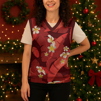Red Banana Leaf Hawaii Christmas Knitted V-Neck Vest Lau Maia Plumeria Tropical Summer Vibes LT14 - Polynesian Pride
