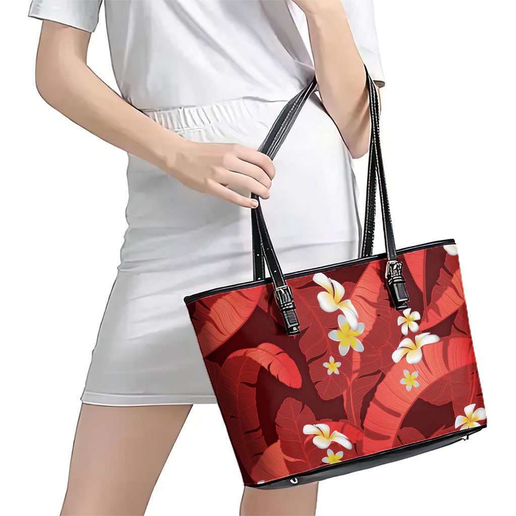 Red Banana Leaf Hawaii Leather Tote Bag Lau Maia Plumeria Tropical Summer Vibes