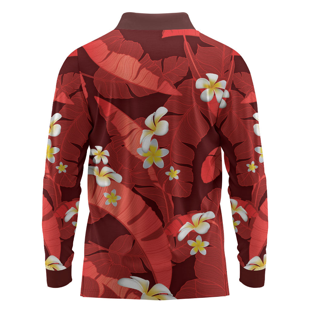 Red Banana Leaf Hawaii Long Sleeve Polo Shirt Lau Maia Plumeria Tropical Summer Vibes