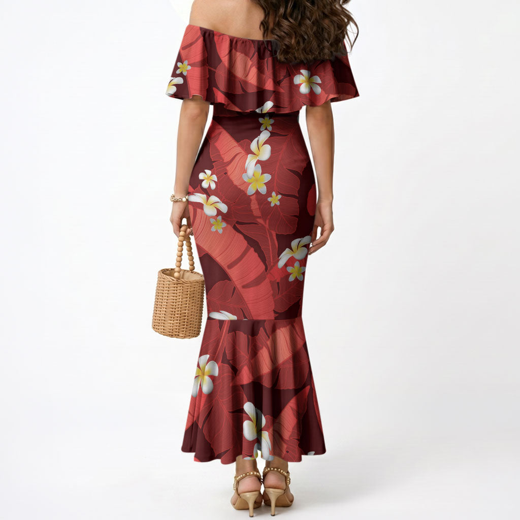 Red Banana Leaf Hawaii Mermaid Dress Lau Maia Plumeria Tropical Summer Vibes