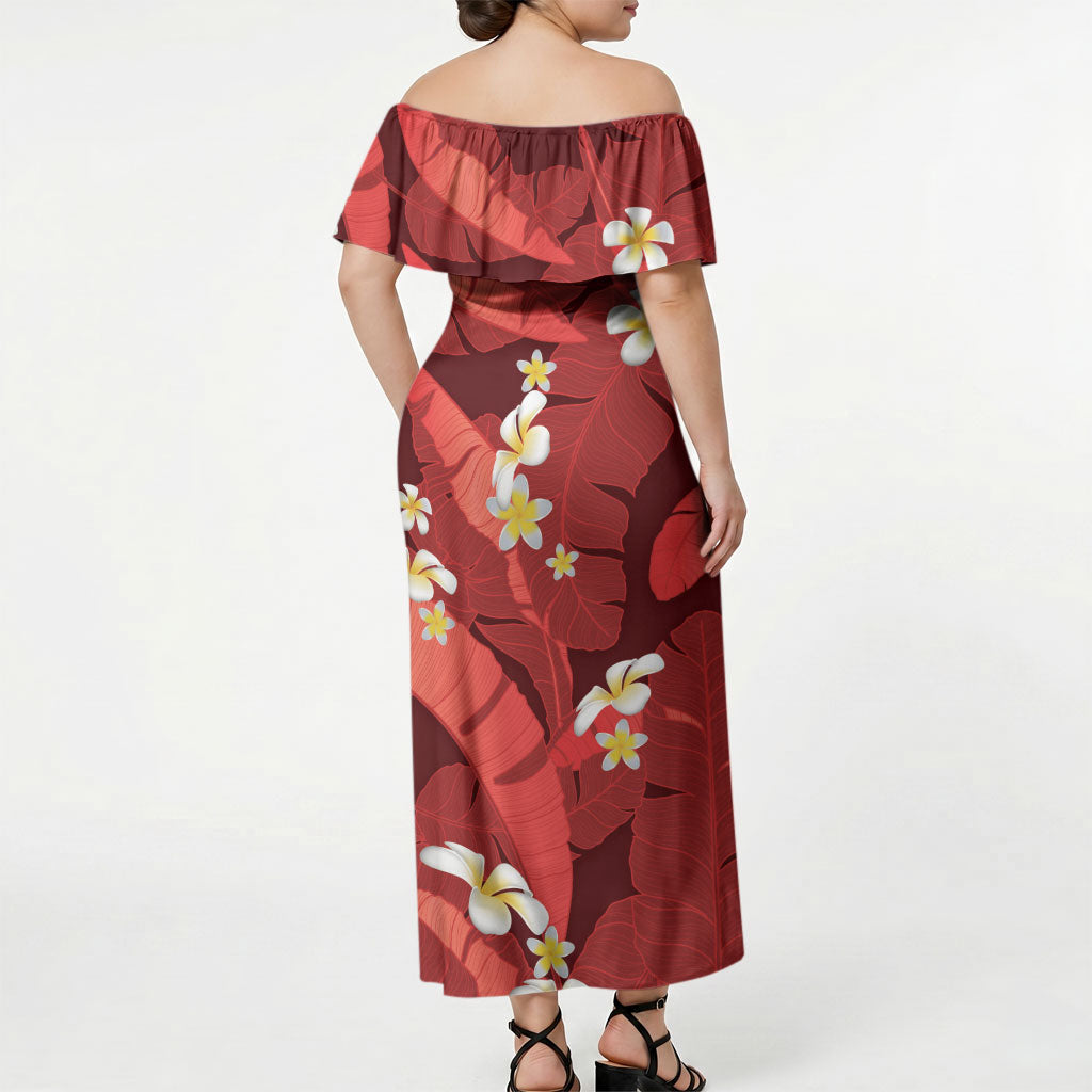Red Banana Leaf Hawaii Off Shoulder Maxi Dress Lau Maia Plumeria Tropical Summer Vibes