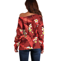Red Banana Leaf Hawaii Off Shoulder Sweater Lau Maia Plumeria Tropical Summer Vibes