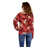 Red Banana Leaf Hawaii Off Shoulder Sweater Lau Maia Plumeria Tropical Summer Vibes