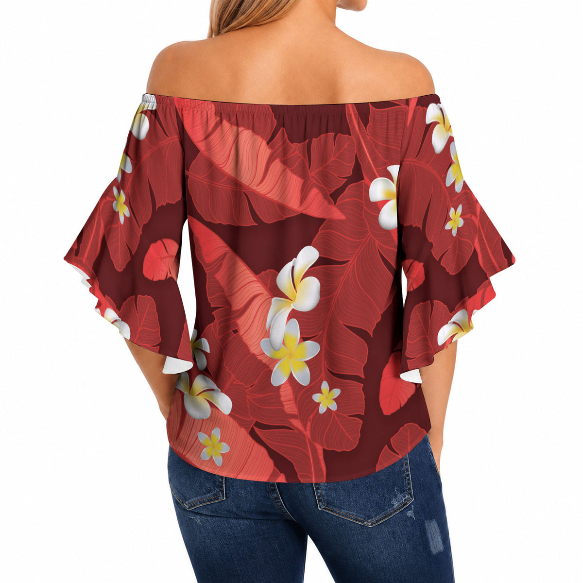 Red Banana Leaf Hawaii Off Shoulder Wrap Waist Top Lau Maia Plumeria Tropical Summer Vibes LT14 - Polynesian Pride