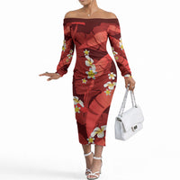 Red Banana Leaf Hawaii Off The Shoulder Long Sleeve Dress Lau Maia Plumeria Tropical Summer Vibes