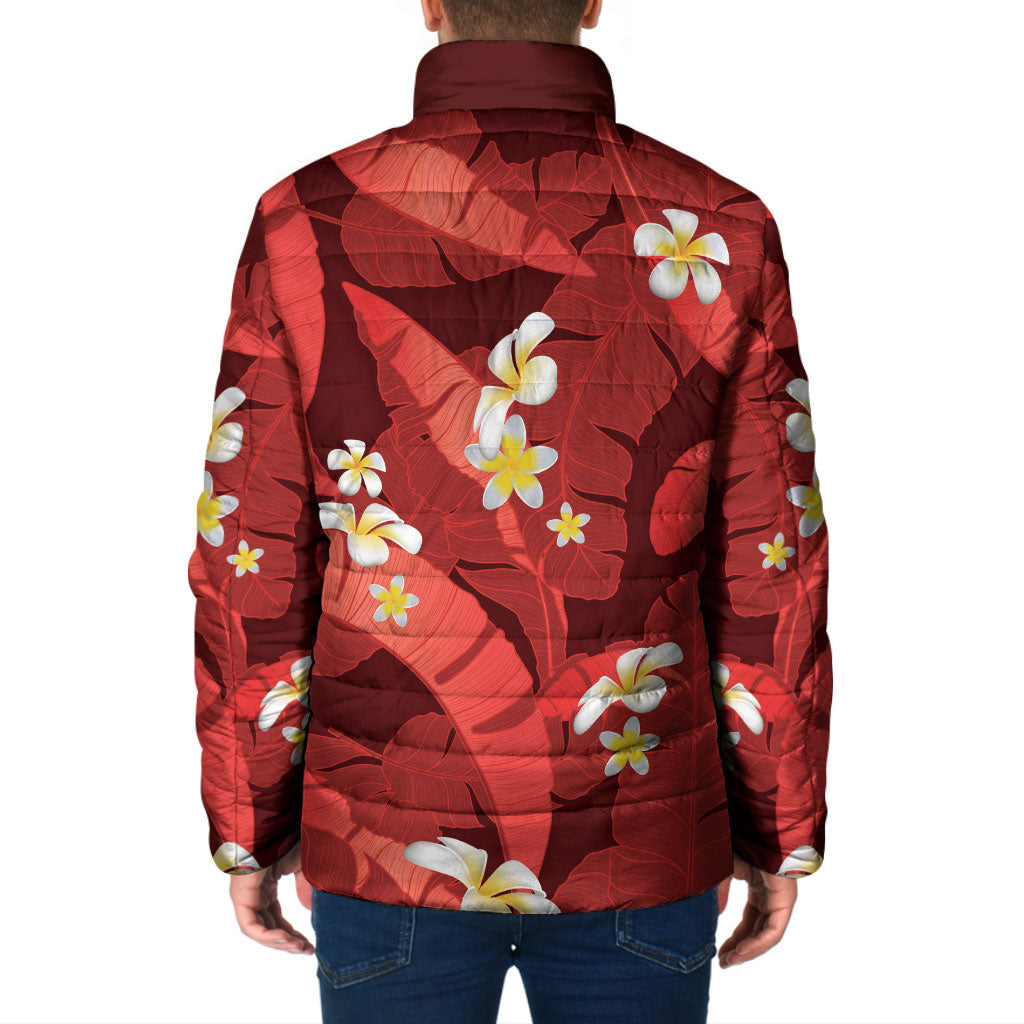 Red Banana Leaf Hawaii Padded Jacket Lau Maia Plumeria Tropical Summer Vibes