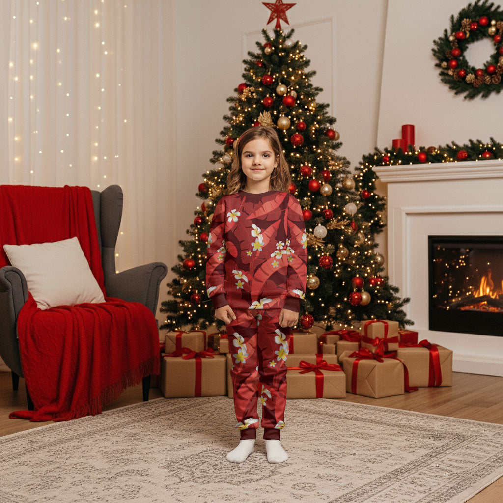 Red Banana Leaf Hawaii Christmas Pajama Set Lau Maia Plumeria Tropical Summer Vibes LT14 Kid Red - Polynesian Pride
