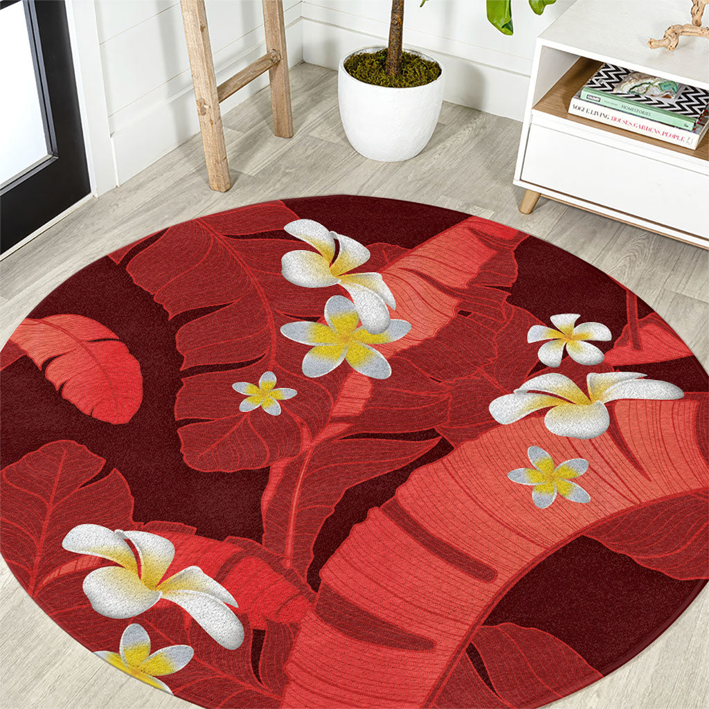 Red Banana Leaf Hawaii Round Carpet Lau Maia Plumeria Tropical Summer Vibes LT14 Red - Polynesian Pride
