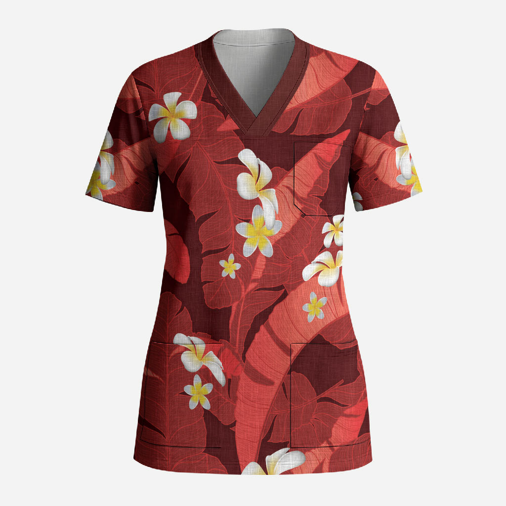 Red Banana Leaf Hawaii Scrub Top Lau Maia Plumeria Tropical Summer Vibes