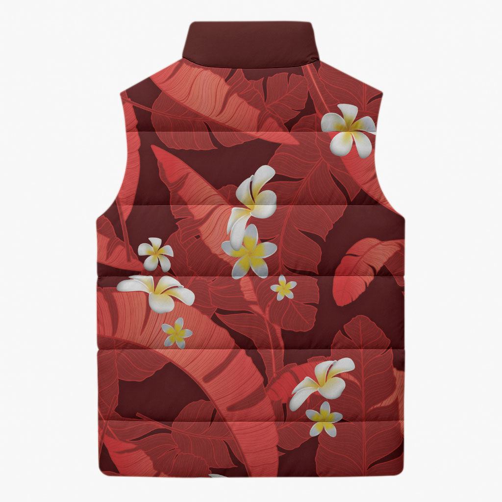 Red Banana Leaf Hawaii Sleeveless Puffer Jacket Lau Maia Plumeria Tropical Summer Vibes