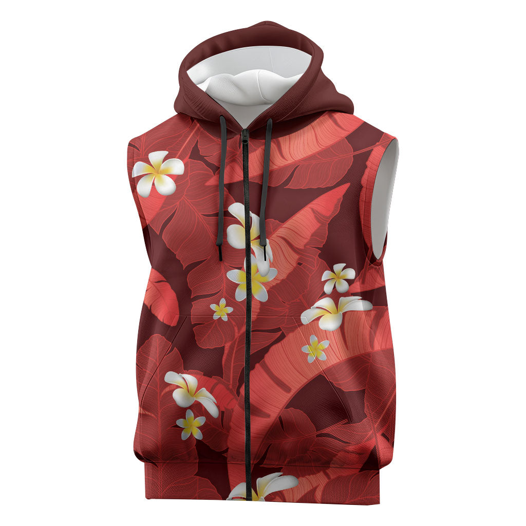 Red Banana Leaf Hawaii Sleeveless Zip Hoodie Lau Maia Plumeria Tropical Summer Vibes