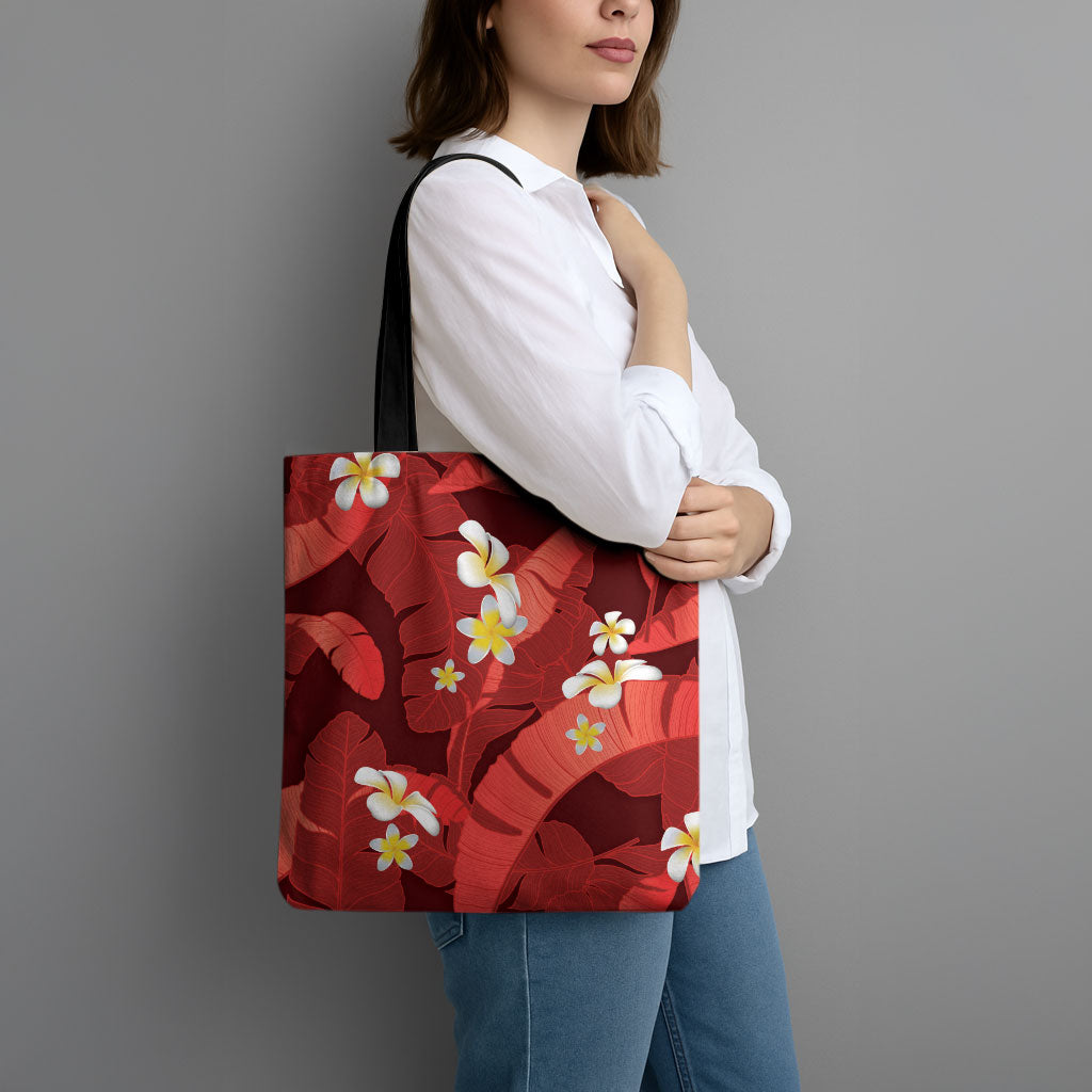 Red Banana Leaf Hawaii Tote Bag Lau Maia Plumeria Tropical Summer Vibes