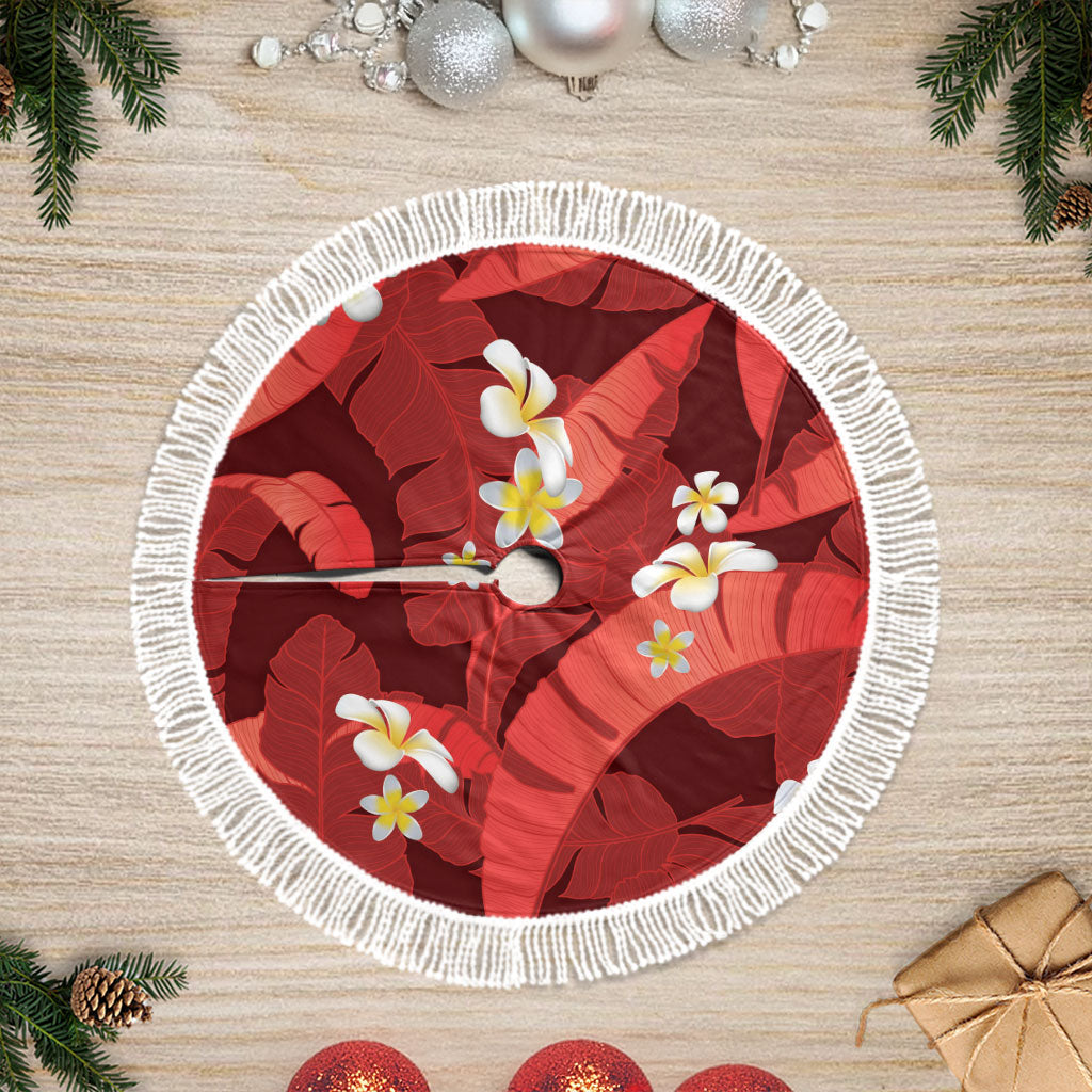 Red Banana Leaf Hawaii Tree Skirt Lau Maia Plumeria Tropical Summer Vibes LT14 Fringed Red - Polynesian Pride