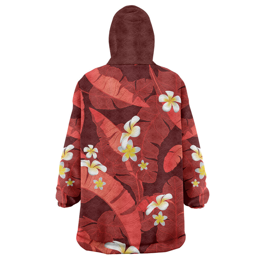 Red Banana Leaf Hawaii Wearable Blanket Hoodie Lau Maia Plumeria Tropical Summer Vibes