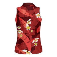 Red Banana Leaf Hawaii Women Sleeveless Polo Shirt Lau Maia Plumeria Tropical Summer Vibes
