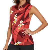 Red Banana Leaf Hawaii Women Sleeveless Polo Shirt Lau Maia Plumeria Tropical Summer Vibes