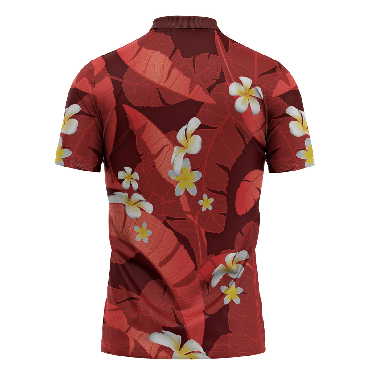 Red Banana Leaf Hawaii Zipper Polo Shirt Lau Maia Plumeria Tropical Summer Vibes