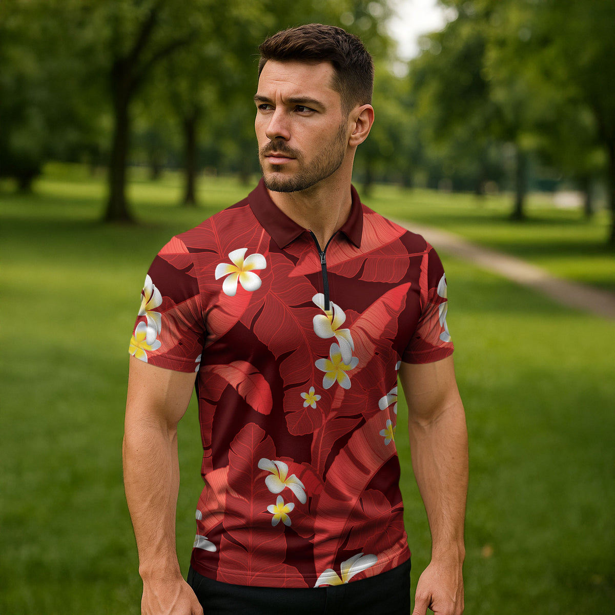 Red Banana Leaf Hawaii Zipper Polo Shirt Lau Maia Plumeria Tropical Summer Vibes