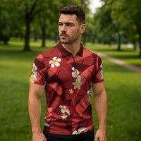 Red Banana Leaf Hawaii Zipper Polo Shirt Lau Maia Plumeria Tropical Summer Vibes