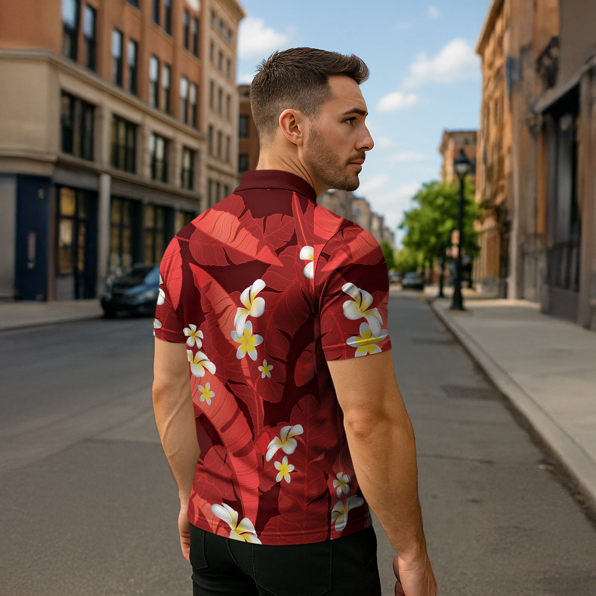 Red Banana Leaf Hawaii Zipper Polo Shirt Lau Maia Plumeria Tropical Summer Vibes