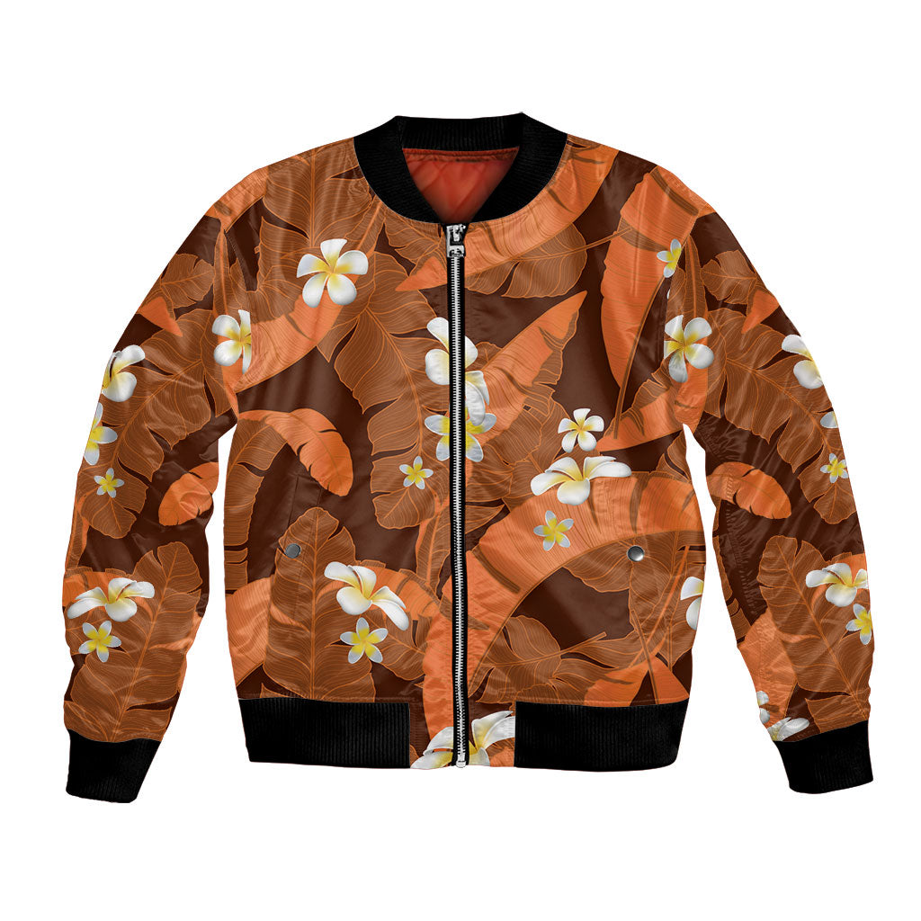 Orange Banana Leaf Hawaii Bomber Jacket Lau Maia Plumeria Tropical Summer Vibes
