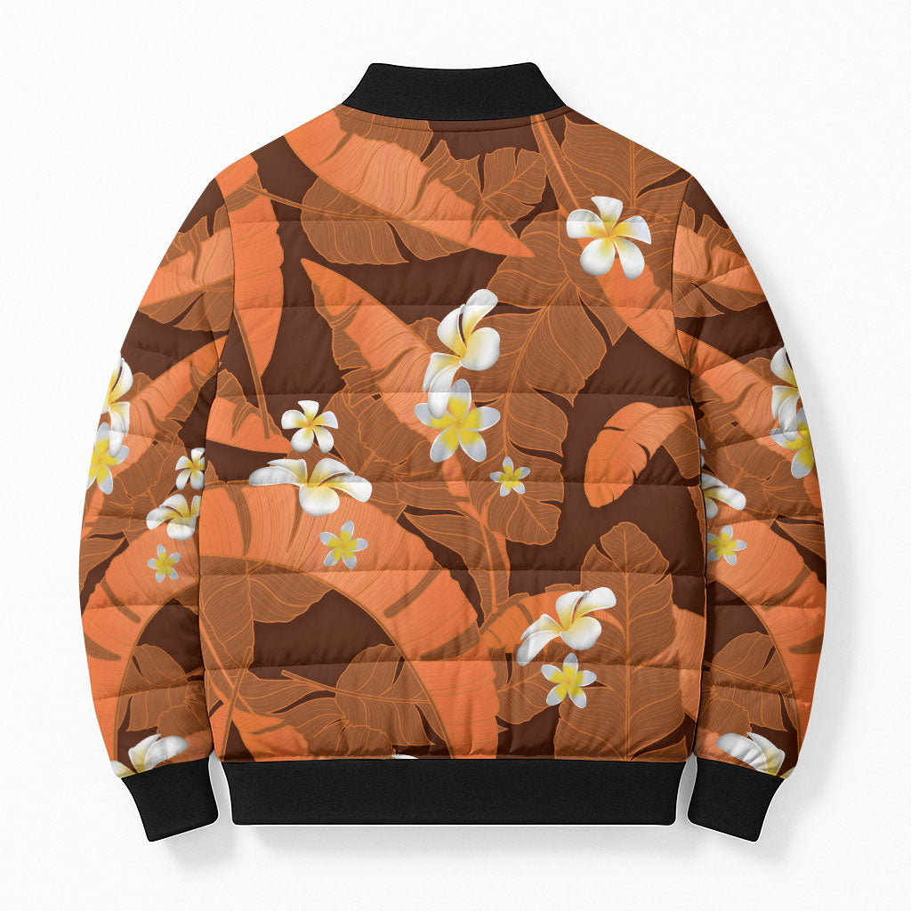 Orange Banana Leaf Hawaii Bomber Puffer Jacket Lau Maia Plumeria Tropical Summer Vibes