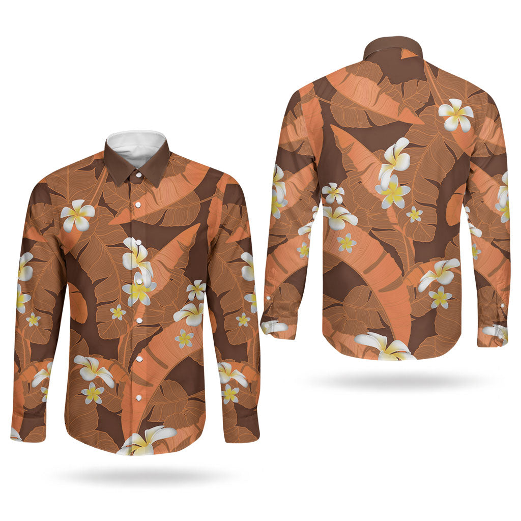 Orange Banana Leaf Hawaii Couples Matching Mermaid Dress and Long Sleeve Button Shirt Lau Maia Plumeria Tropical Summer Vibes