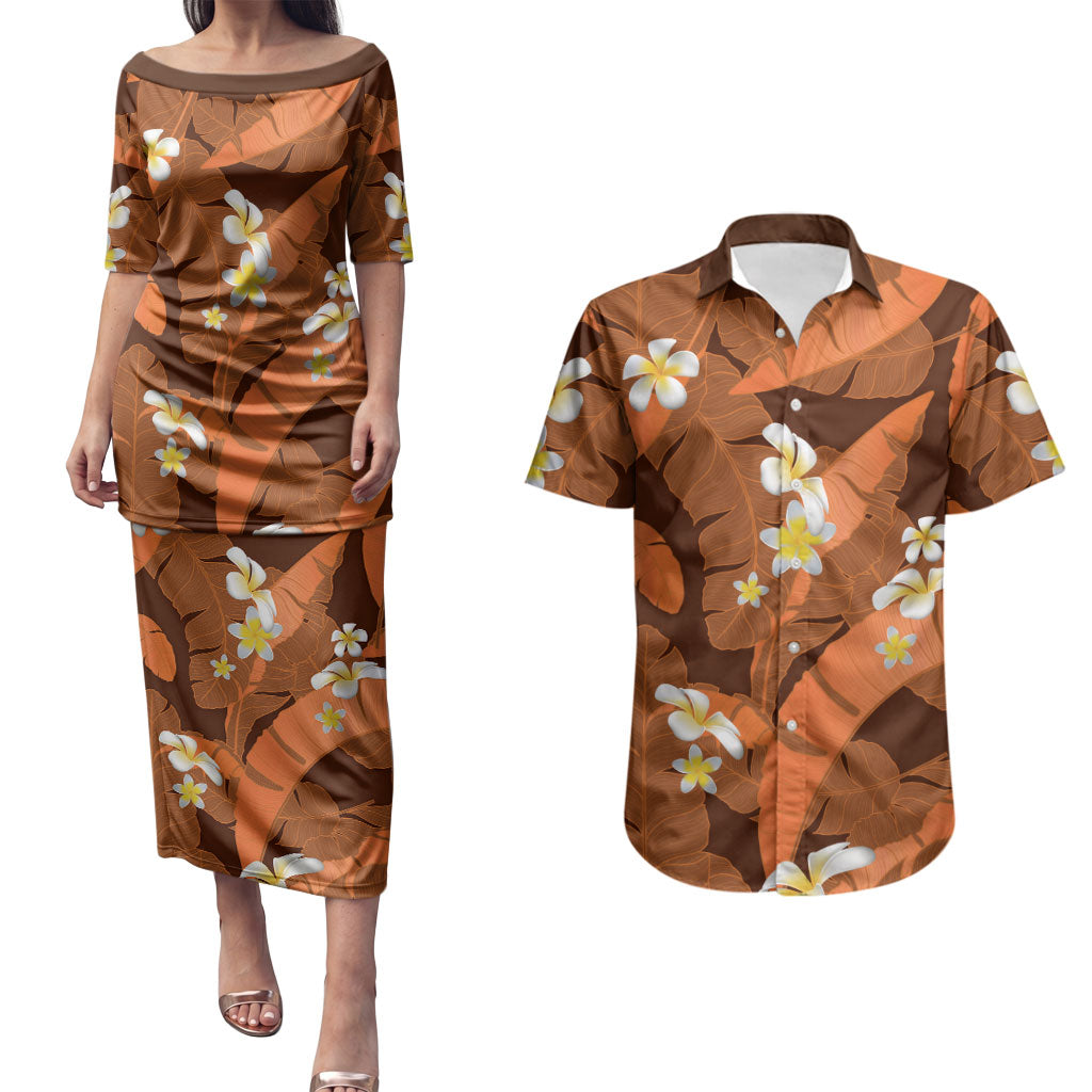 Orange Banana Leaf Hawaii Couples Matching Puletasi and Hawaiian Shirt Lau Maia Plumeria Tropical Summer Vibes