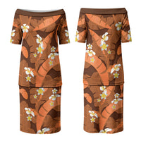 Orange Banana Leaf Hawaii Couples Matching Puletasi and Hawaiian Shirt Lau Maia Plumeria Tropical Summer Vibes
