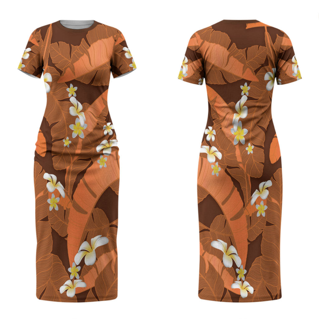 Orange Banana Leaf Hawaii Couples Matching Short Sleeve Bodycon Dress and Long Sleeve Button Shirt Lau Maia Plumeria Tropical Summer Vibes