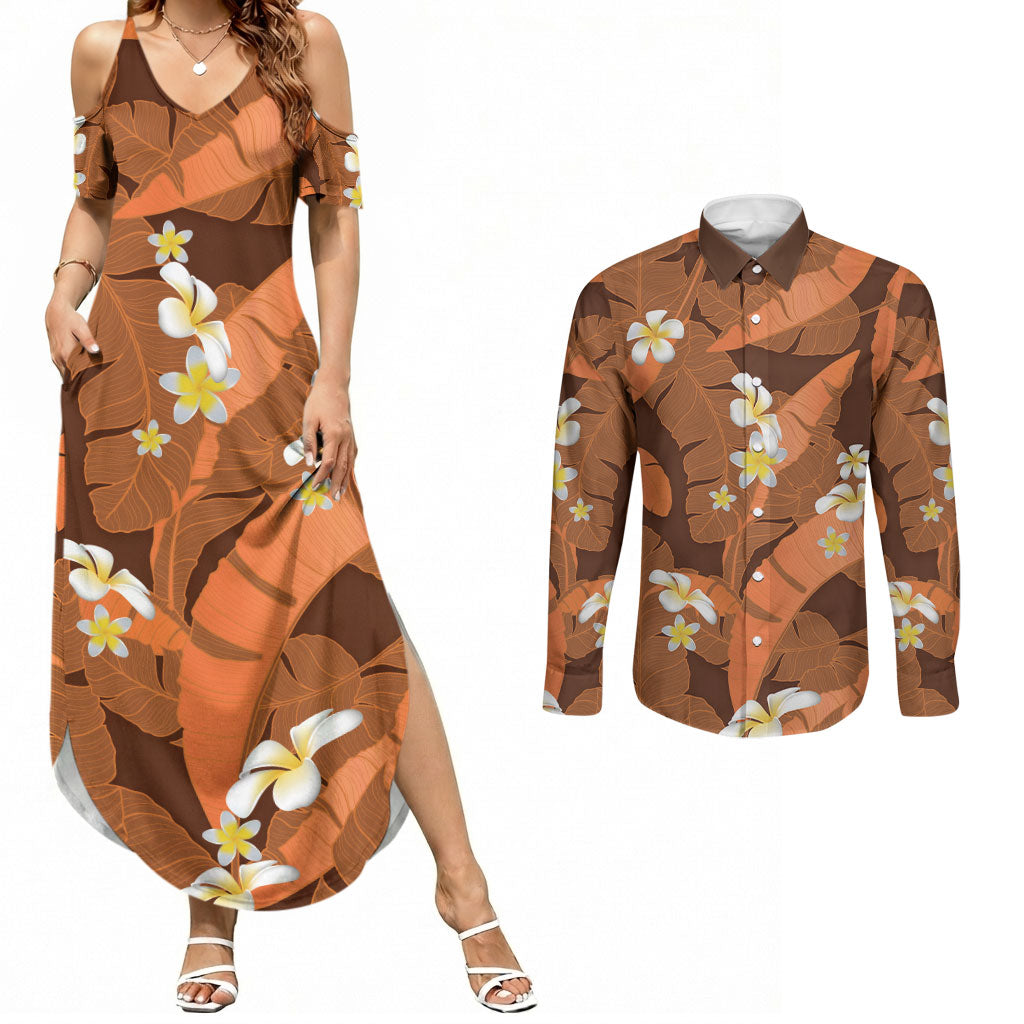 Orange Banana Leaf Hawaii Couples Matching Summer Maxi Dress and Long Sleeve Button Shirt Lau Maia Plumeria Tropical Summer Vibes