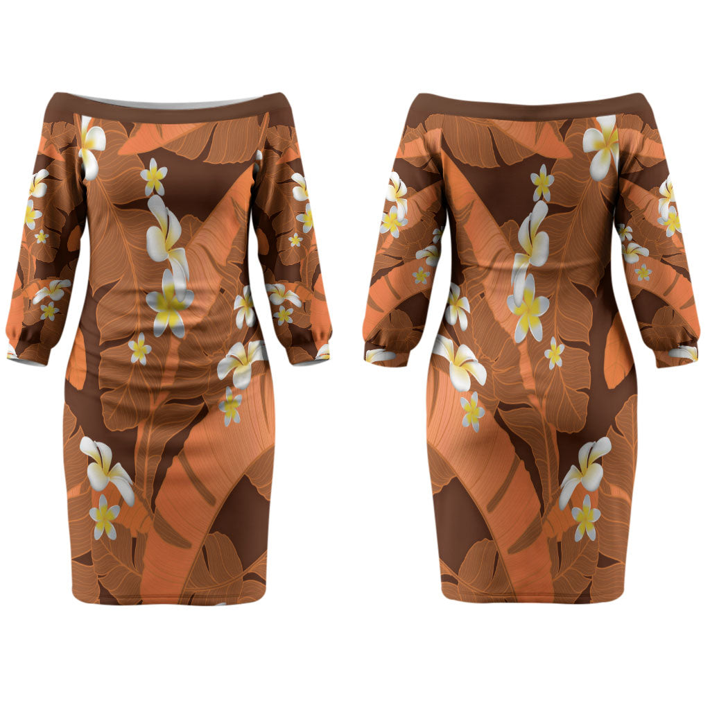 Orange Banana Leaf Hawaii Family Matching Off The Shoulder Long Sleeve Dress and Hawaiian Shirt Lau Maia Plumeria Tropical Summer Vibes
