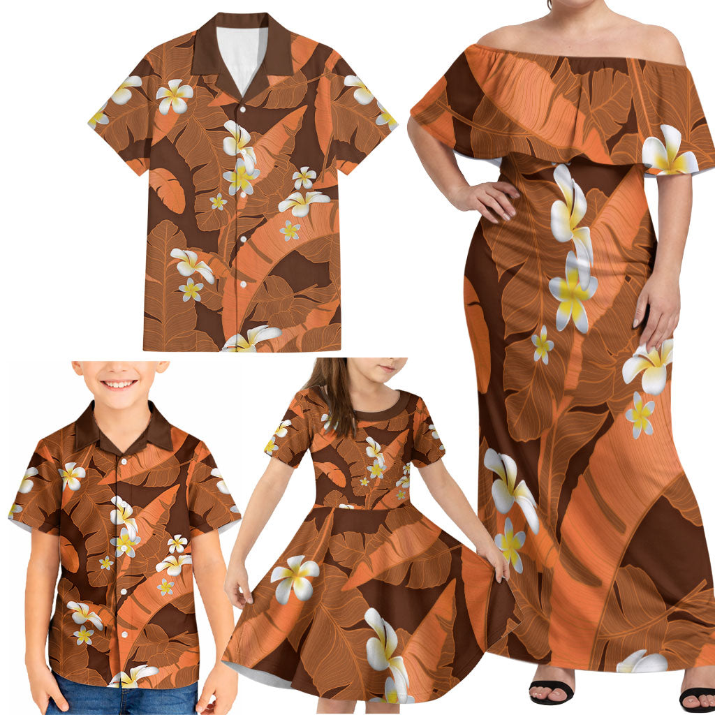 Orange Banana Leaf Hawaii Family Matching Off Shoulder Maxi Dress and Hawaiian Shirt Lau Maia Plumeria Tropical Summer Vibes