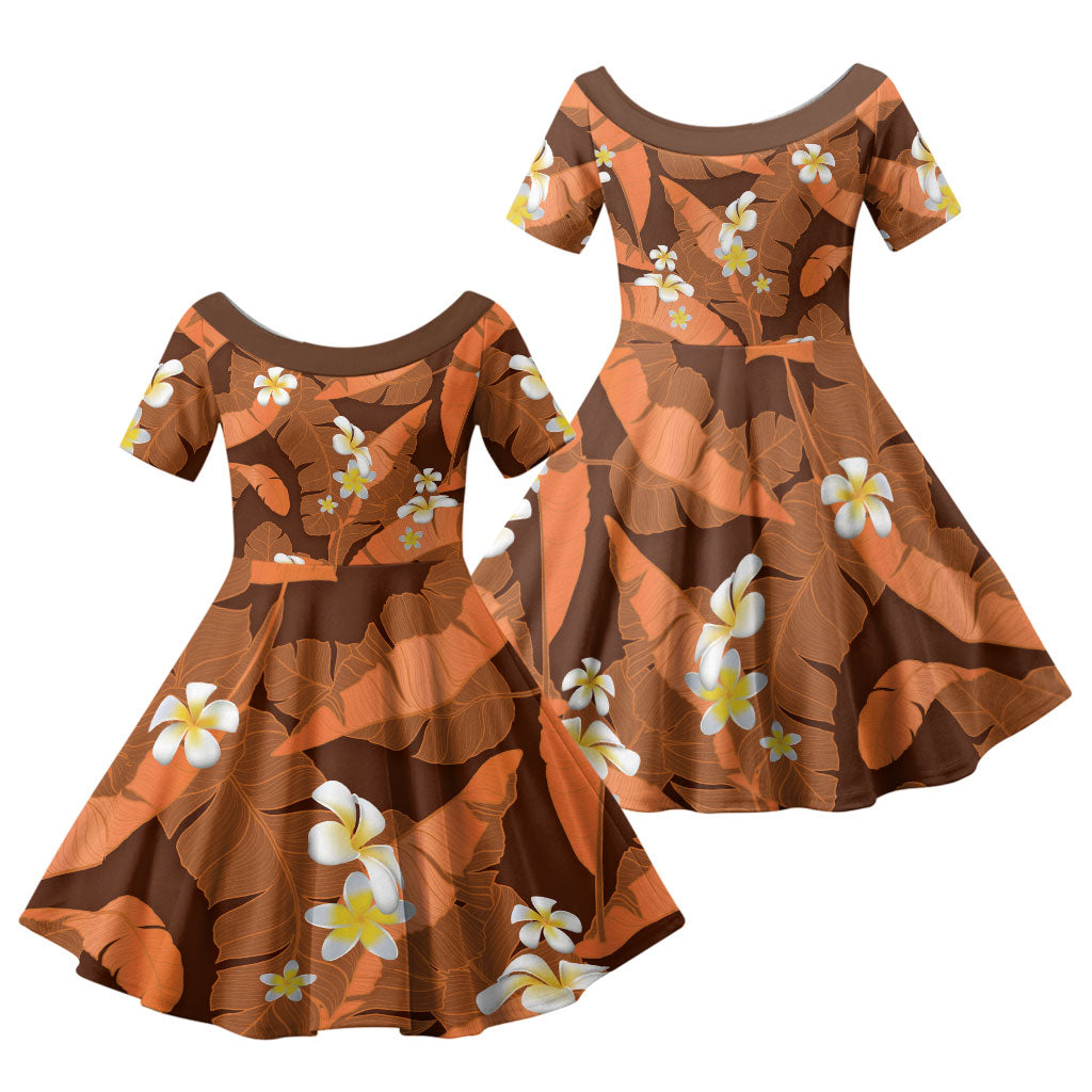 Orange Banana Leaf Hawaii Family Matching Off Shoulder Short Dress and Hawaiian Shirt Lau Maia Plumeria Tropical Summer Vibes