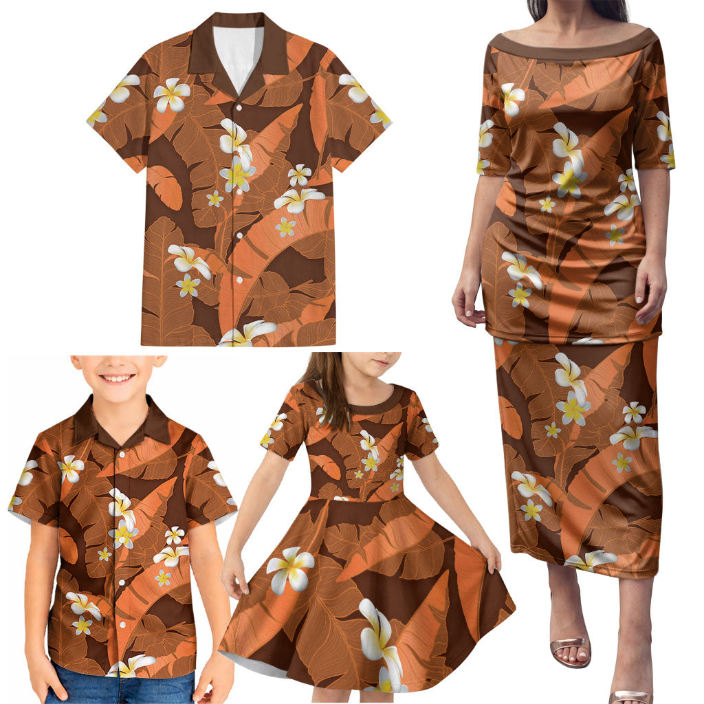 Orange Banana Leaf Hawaii Family Matching Puletasi and Hawaiian Shirt Lau Maia Plumeria Tropical Summer Vibes