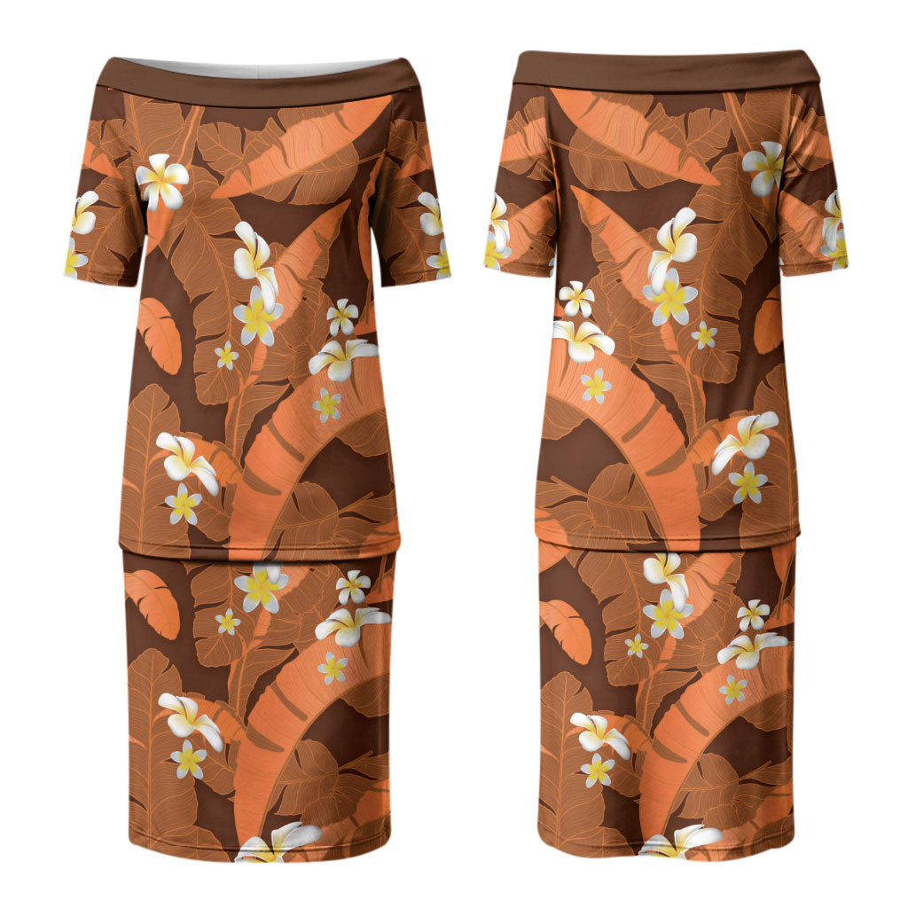 Orange Banana Leaf Hawaii Family Matching Puletasi and Hawaiian Shirt Lau Maia Plumeria Tropical Summer Vibes