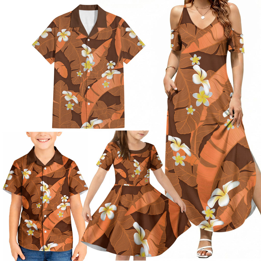 Orange Banana Leaf Hawaii Family Matching Summer Maxi Dress and Hawaiian Shirt Lau Maia Plumeria Tropical Summer Vibes