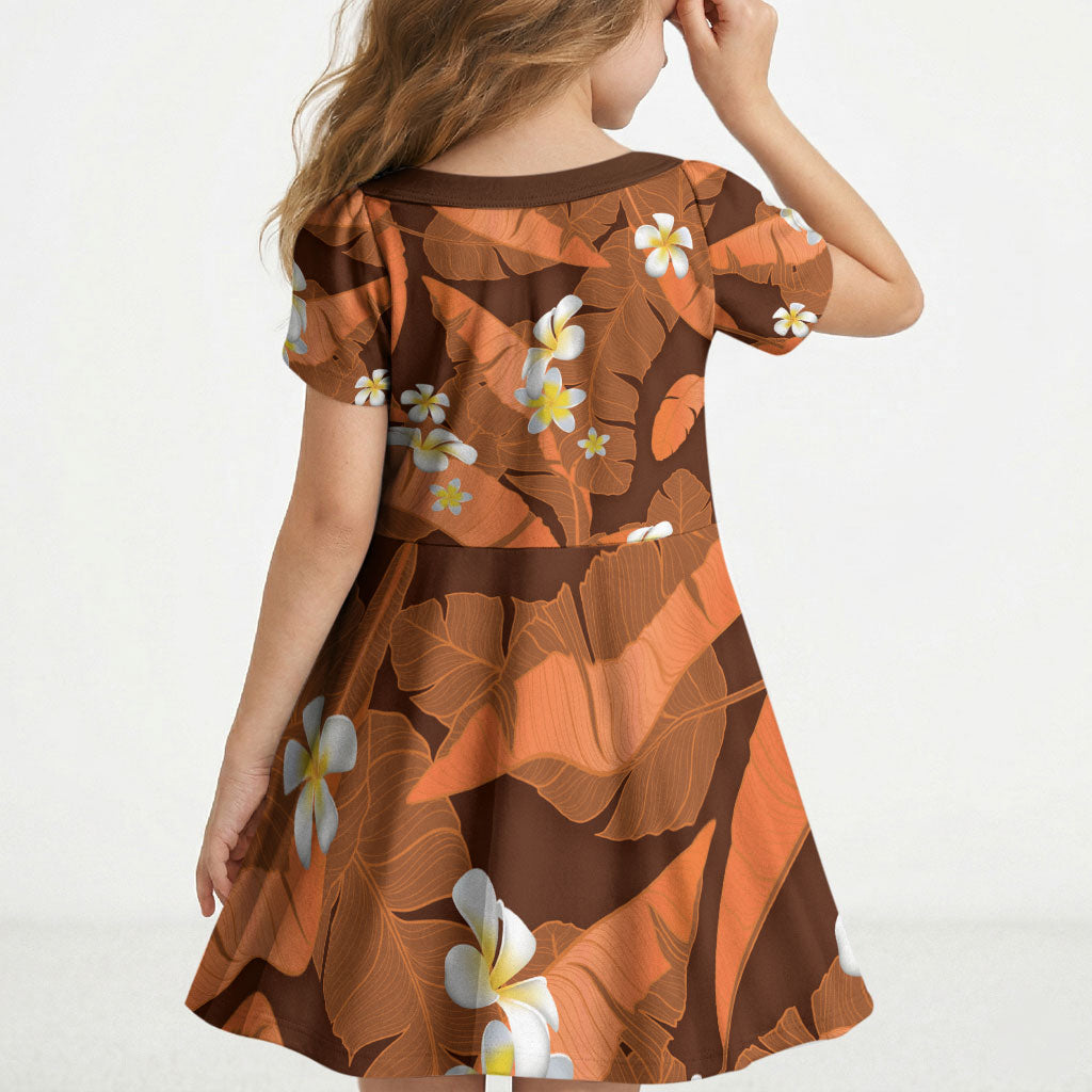 Orange Banana Leaf Hawaii Kid Short Sleeve Dress Lau Maia Plumeria Tropical Summer Vibes