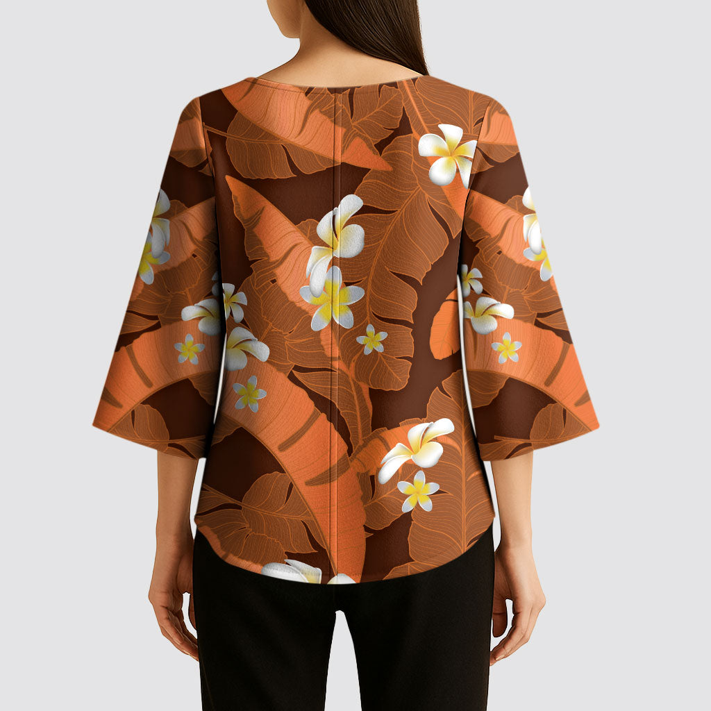 Orange Banana Leaf Hawaii Kimono Sleeve Blouse Lau Maia Plumeria Tropical Summer Vibes