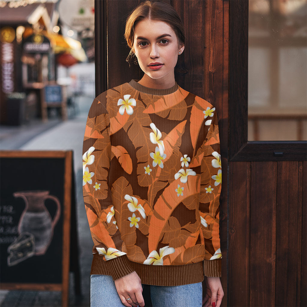Orange Banana Leaf Hawaii Ugly Christmas Sweater Lau Maia Plumeria Tropical Summer Vibes LT14 - Polynesian Pride